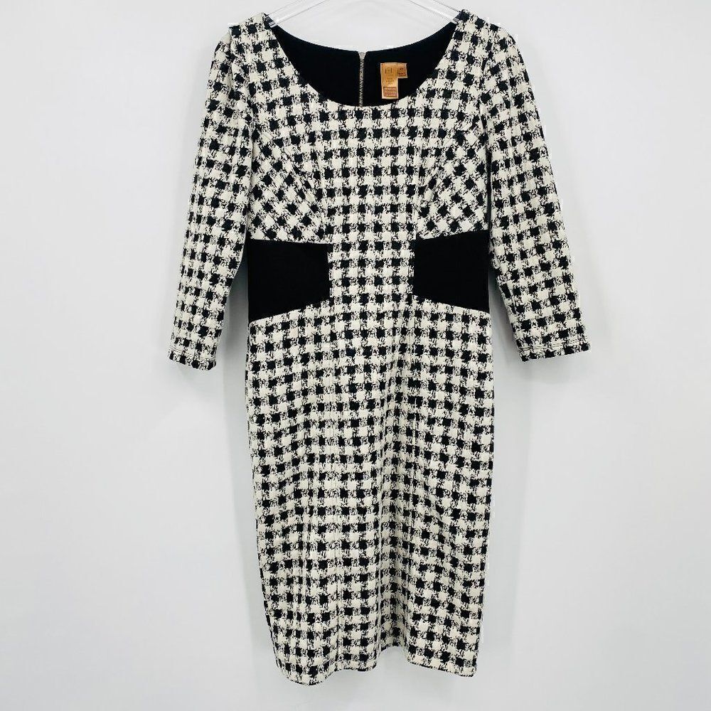 LEL Long Elegant Legs Size 8 Black & White Plaid 3/4 Sleeve Career Sheath Dress